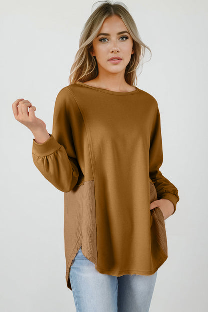 Threaded Pear Dahlia Crinkle Splicing Raw Hem High Low Oversized Blouse
