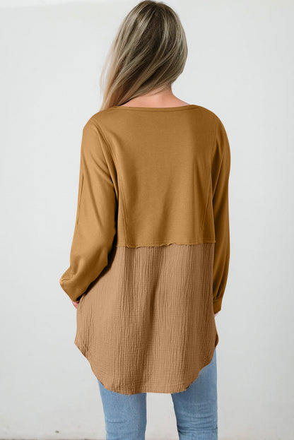 Threaded Pear Dahlia Crinkle Splicing Raw Hem High Low Oversized Blouse