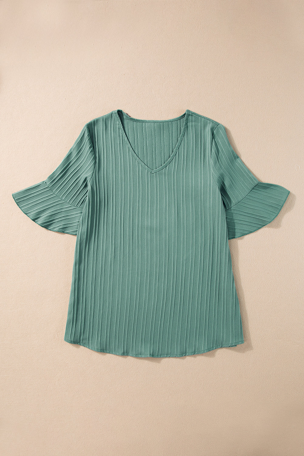 Threaded Pear Capri Ruffled Half Sleeve V Neck Textured Top.