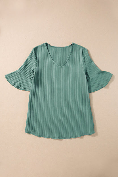 Threaded Pear Capri Ruffled Half Sleeve V Neck Textured Top.