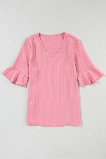 Threaded Pear Capri Ruffled Half Sleeve V Neck Textured Top.