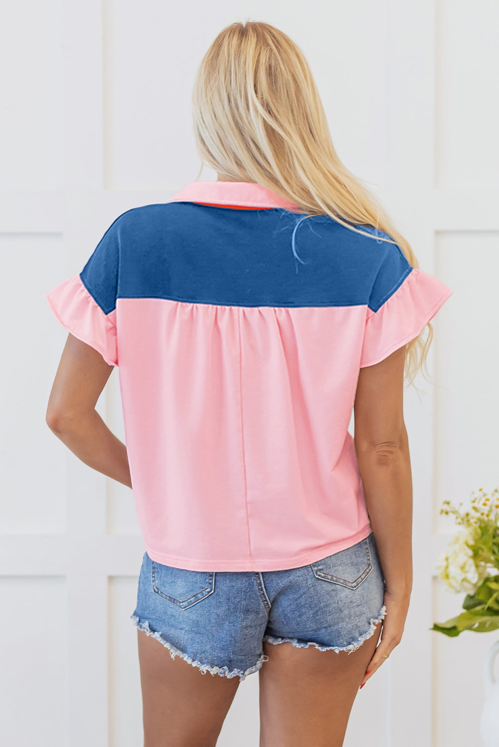 Threaded Pear Carolina Half Buttoned Ruffled Short Sleeve Top