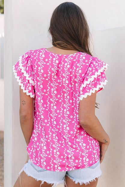 Threaded Pear Rayna Floral Ric-rac Tiered Ruffled V Neck Blouse