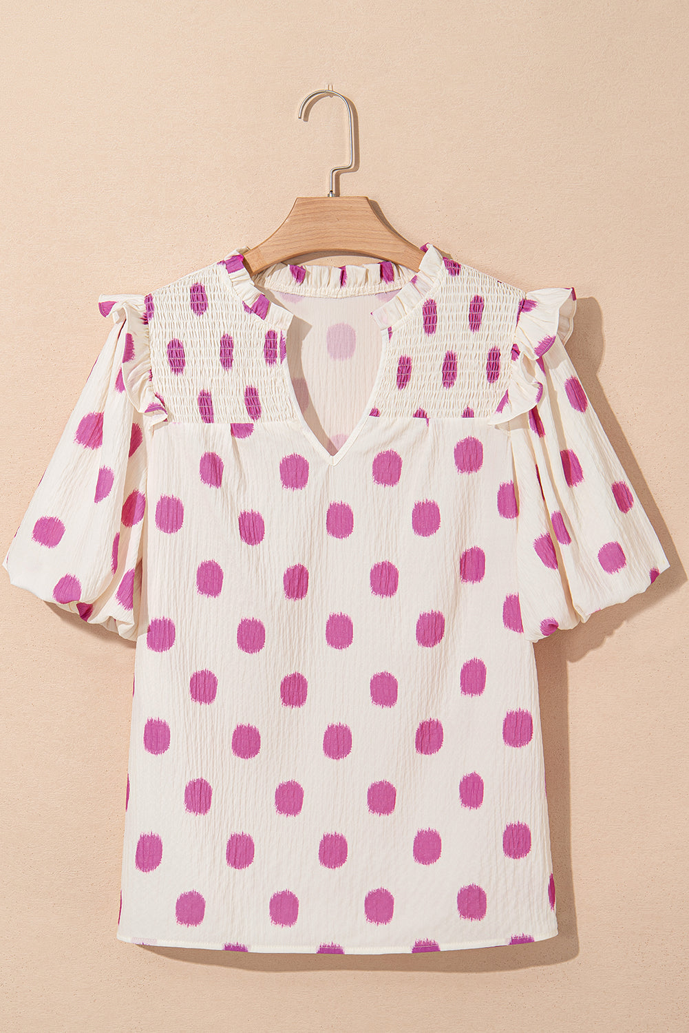 Threaded Pear Nylah Polka Dot Shirred Yoke Blouse