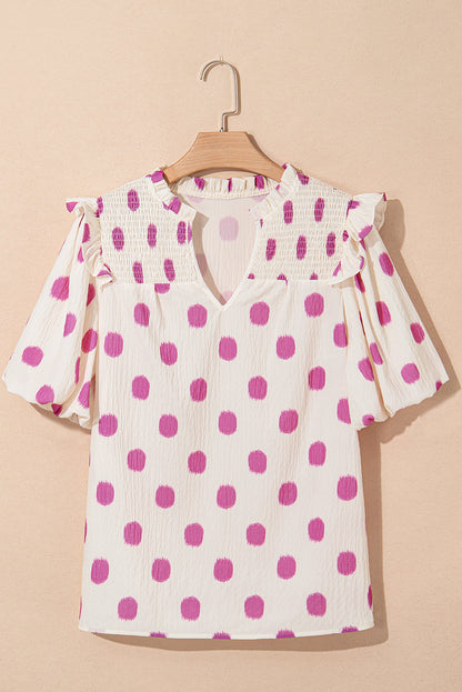 Threaded Pear Nylah Polka Dot Shirred Yoke Blouse