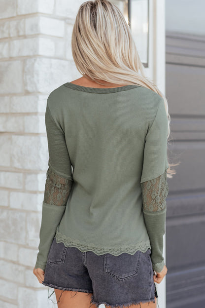 Threaded Pear Miriam Ribbed Lace Patchwork Long Sleeve Top