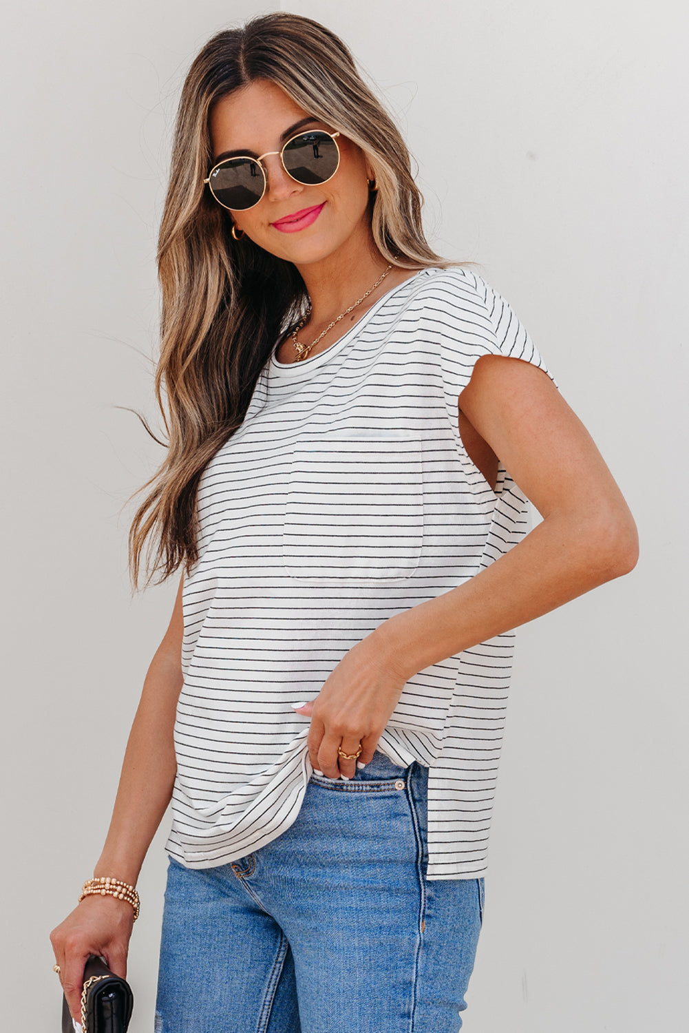 Threaded Pear Tilly Stripe Cap Sleeve Crew Neck top