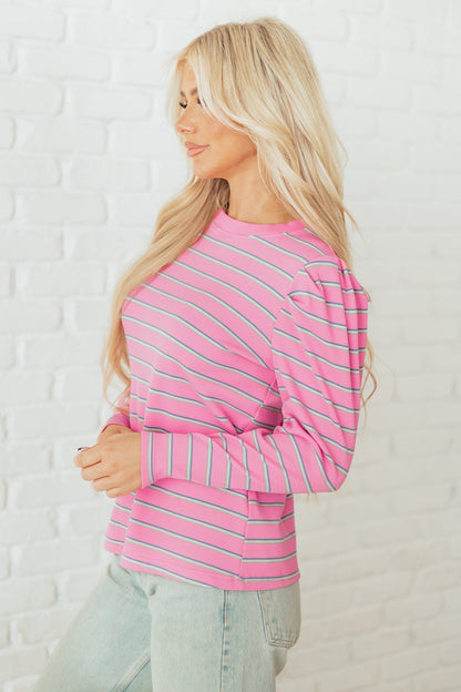 Threaded Pear Giana Stripe Textured Knit Long Sleeve Top
