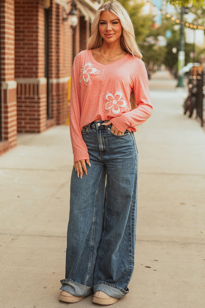 Threaded Pear Rachel Floral Patchwork V Neck Long Sleeve Top