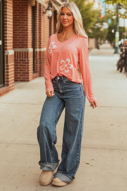 Threaded Pear Rachel Floral Patchwork V Neck Long Sleeve Top
