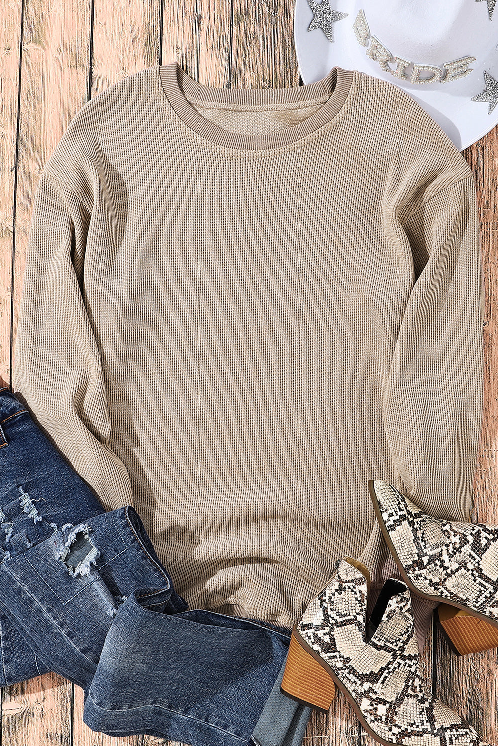 Threaded Pear Faith Solid Ribbed Knit Round Neck Pullover Sweatshirt