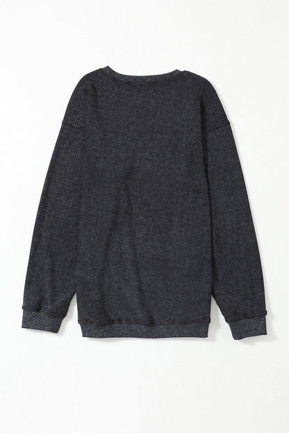 Threaded Pear Faith Solid Ribbed Knit Round Neck Pullover Sweatshirt