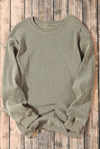 Threaded Pear Faith Solid Ribbed Knit Round Neck Pullover Sweatshirt
