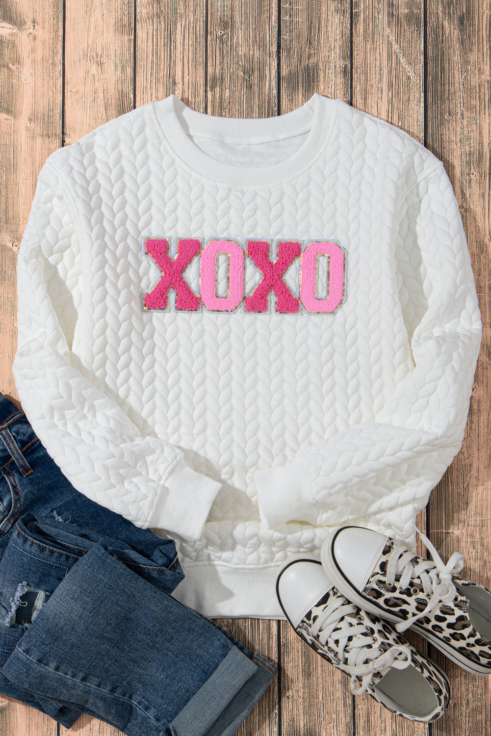 Threaded Pear Logan XOXO Glitter Chenille Cable Knit Pullover Sweatshirt
