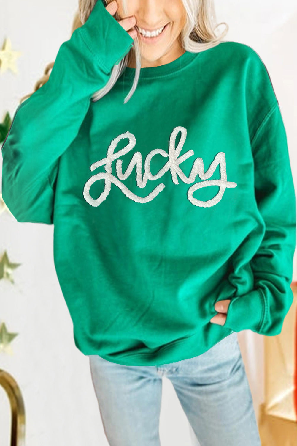 Threaded Pear Demi Lucky Chenille Embroidered Pullover Sweatshirt