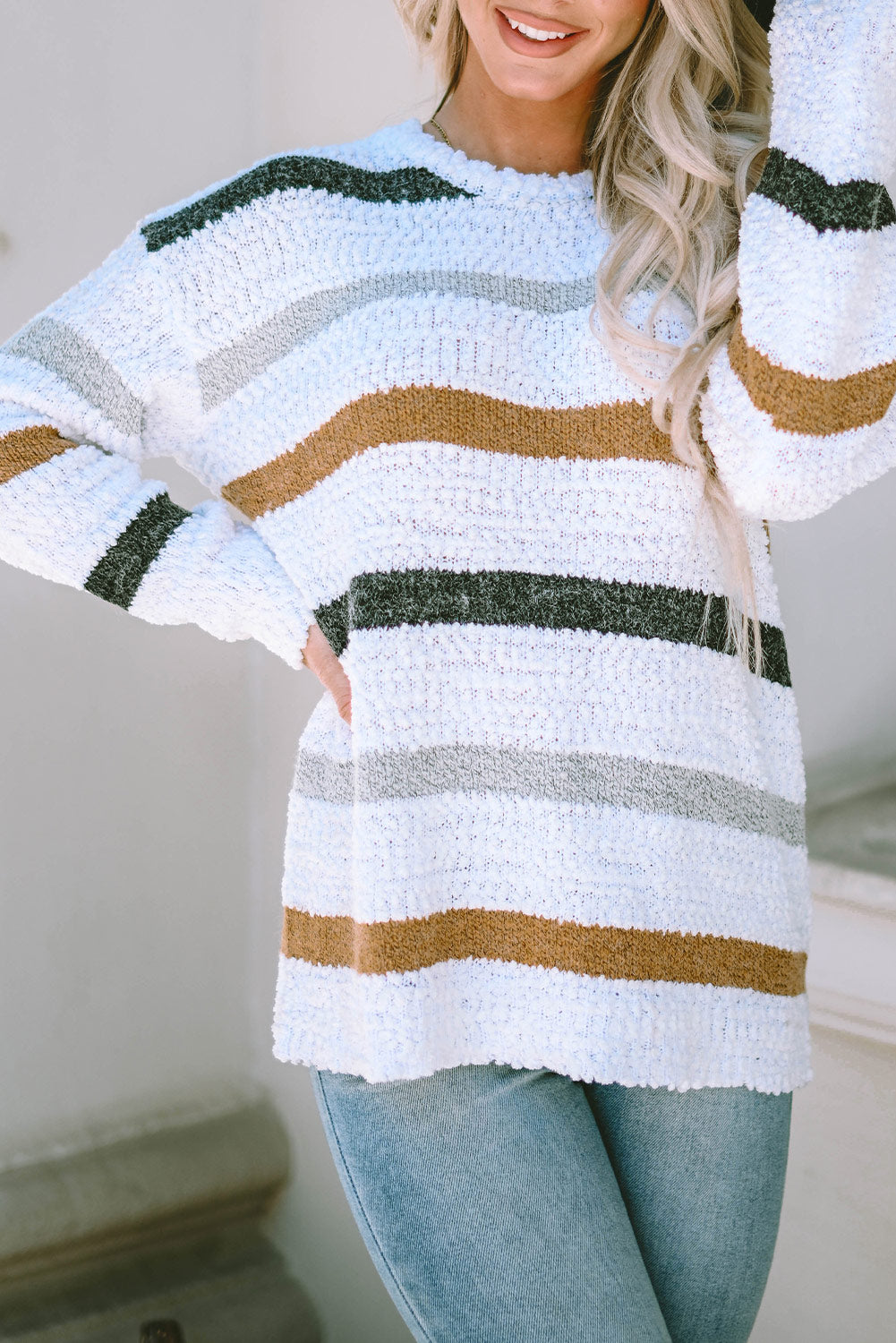 Threaded Pear Cora Striped Popcorn Knit Sweater