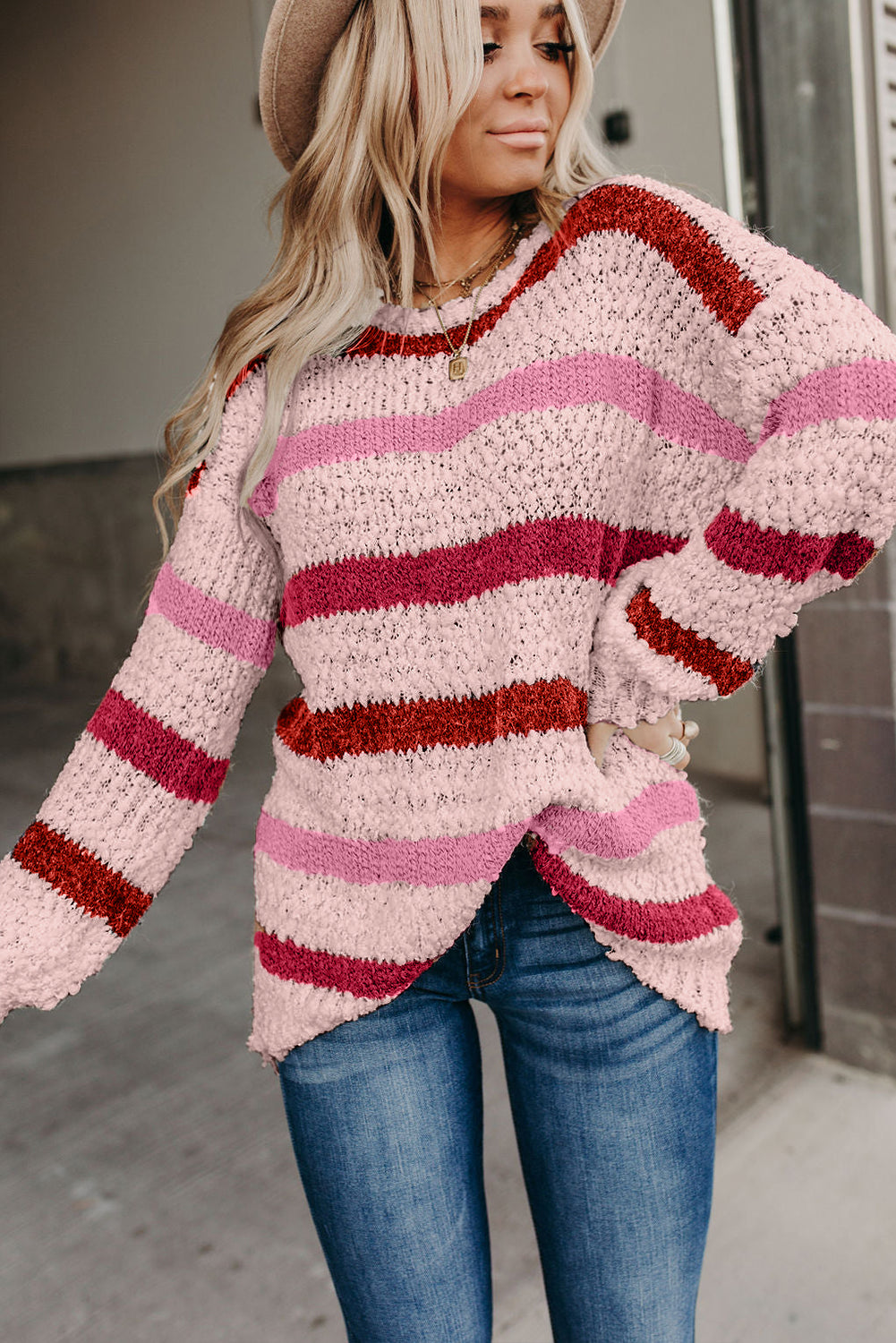 Threaded Pear Cora Striped Popcorn Knit Sweater