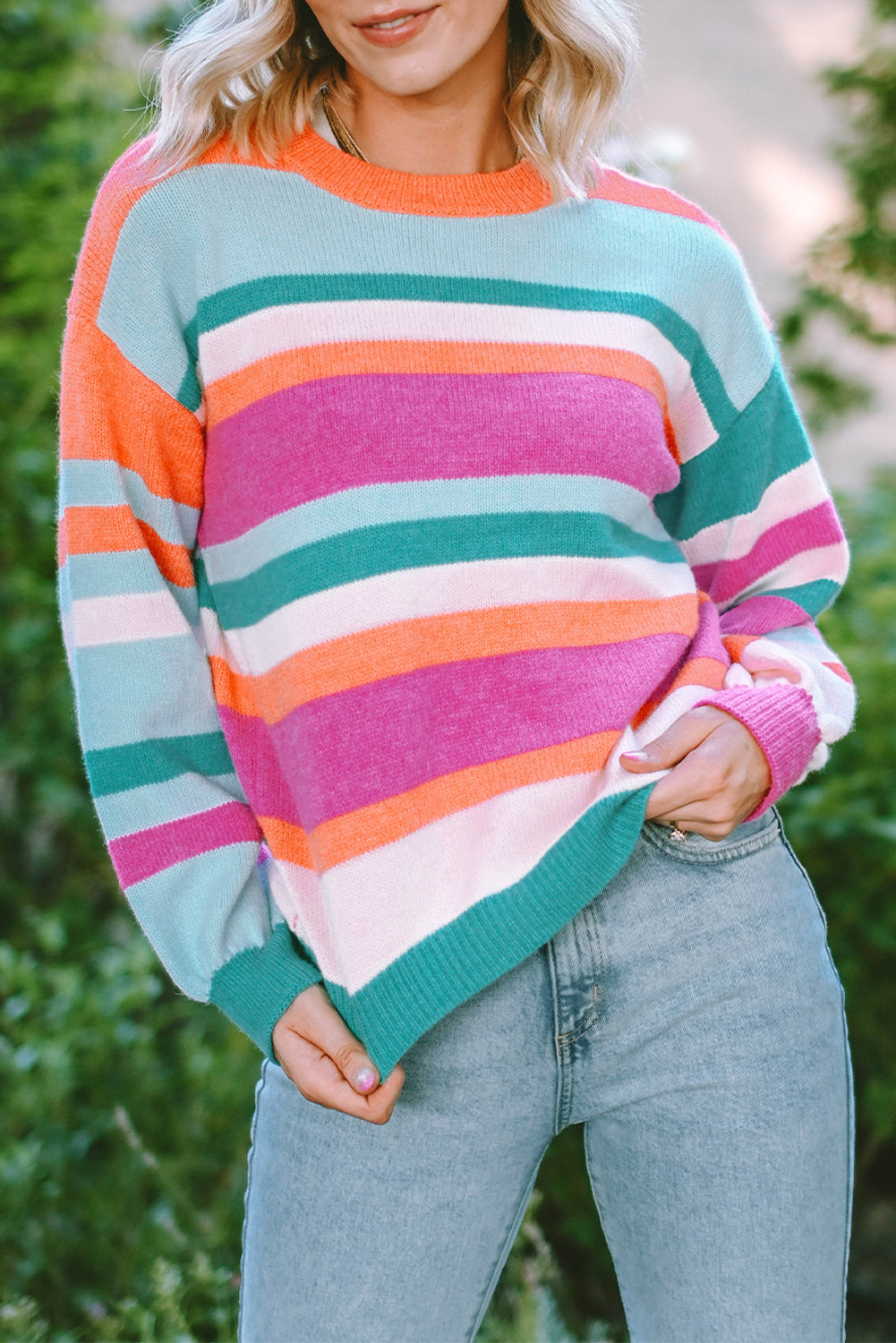Threaded Pear Ivy Knit Drop Shoulder Puff Sleeve Sweater