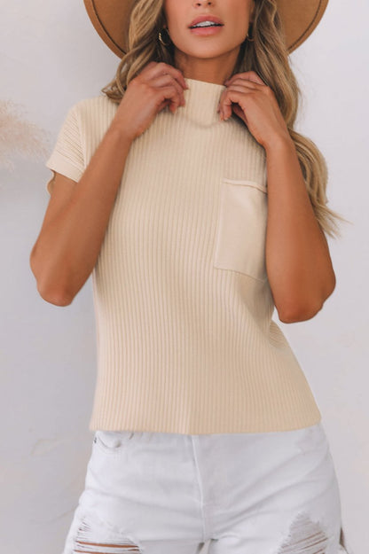 Threaded Pear Lindsey Patch Pocket Ribbed Knit Short Sleeve Sweater