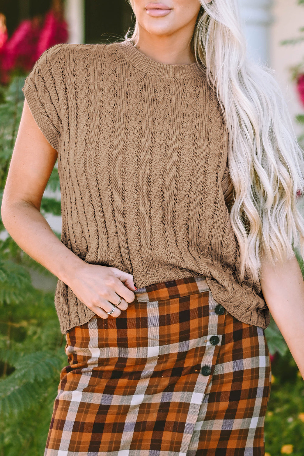 Threaded Pear Laura Crew Neck Cable Knit Short Sleeve Sweater