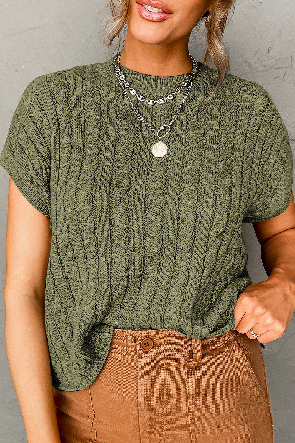 Threaded Pear Laura Crew Neck Cable Knit Short Sleeve Sweater