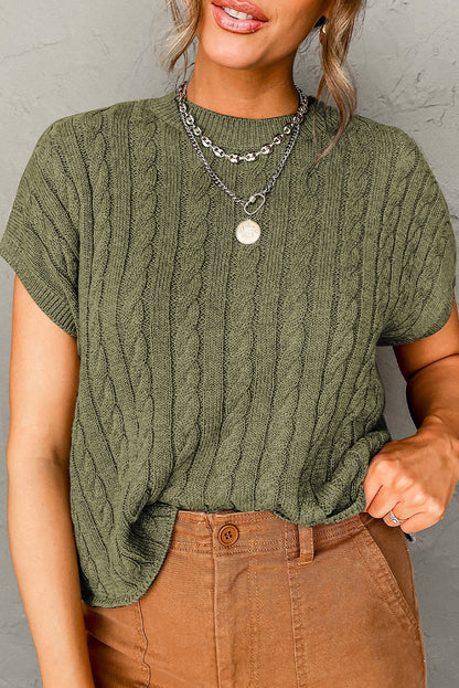 Threaded Pear Laura Crew Neck Cable Knit Short Sleeve Sweater