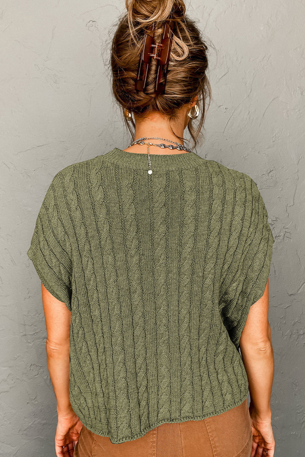 Threaded Pear Laura Crew Neck Cable Knit Short Sleeve Sweater