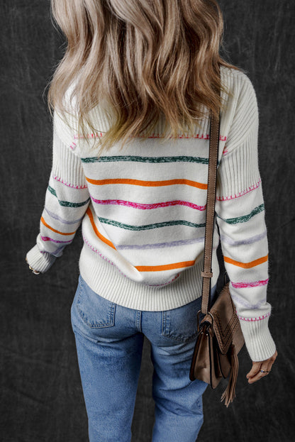 Threaded Pear Sophia Striped Ribbed Trim Sweater