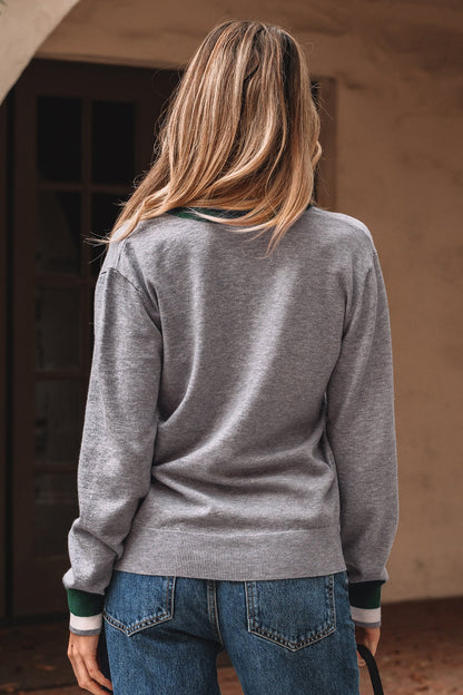 Threaded Pear Scarlett Striped Trim Varsity Sweater