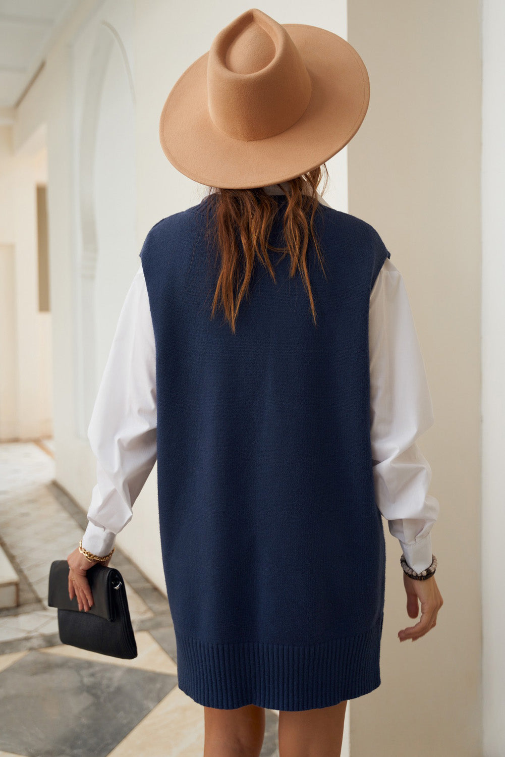 Evelyn - Dark Blue Knit Vest Pullover Sweater Mini Dress