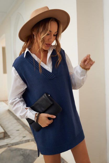 Evelyn - Dark Blue Knit Vest Pullover Sweater Mini Dress