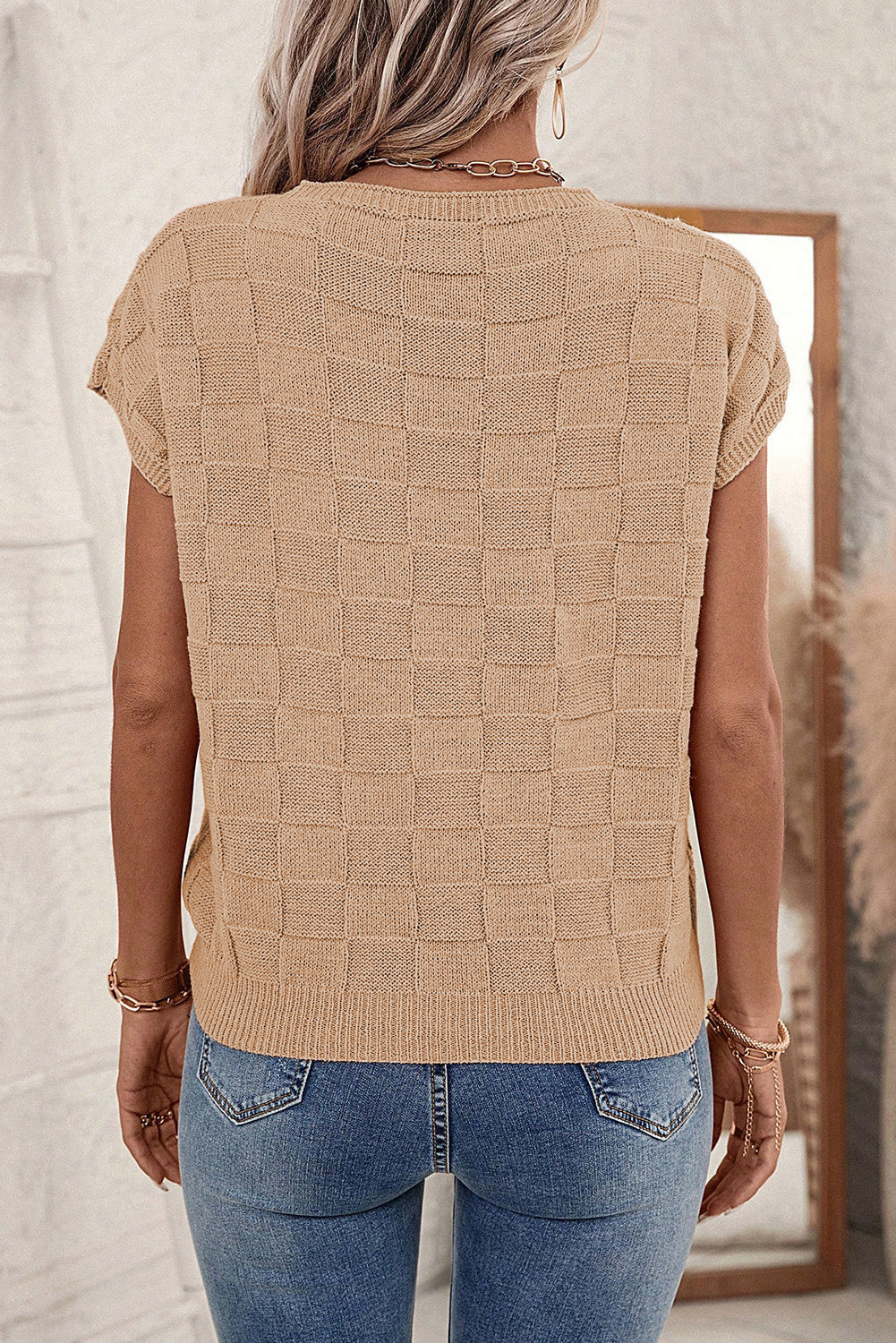 Threaded Pear Andrea Lattice Textured Knit Short Sleeve Sweater