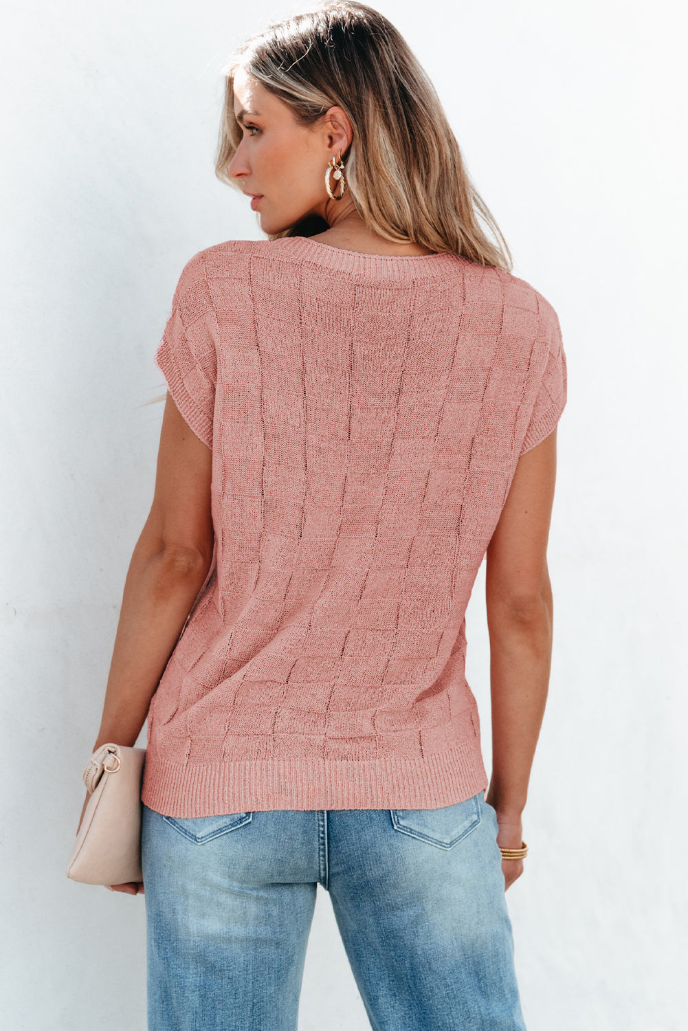 Threaded Pear Andrea Lattice Textured Knit Short Sleeve Sweater