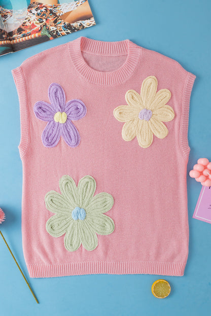 Threaded Pear Hannah Crochet Flower Knit Short Sleeve Sweater Top