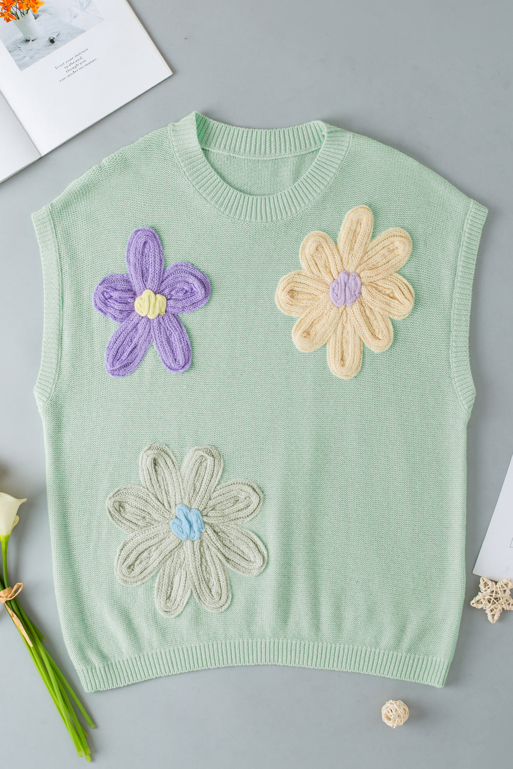 Threaded Pear Hannah Crochet Flower Knit Short Sleeve Sweater Top