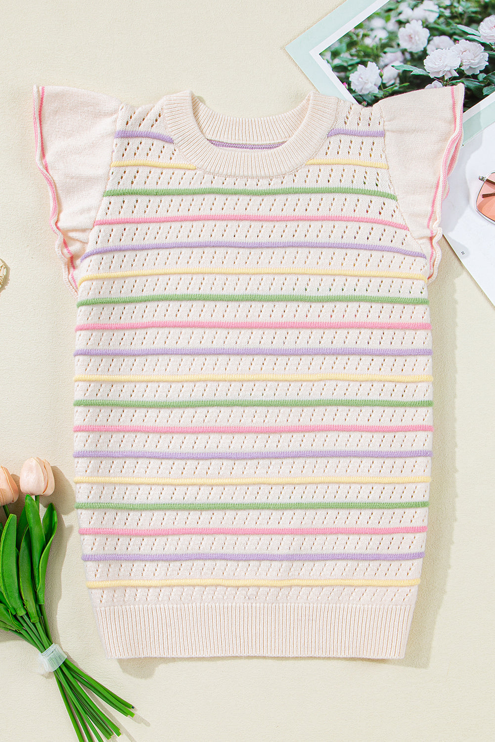 Threaded Pear Annalise Striped Eyelet Ruffled Sleeve Sweater