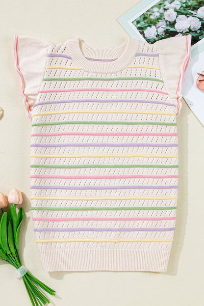 Threaded Pear Annalise Striped Eyelet Ruffled Sleeve Sweater