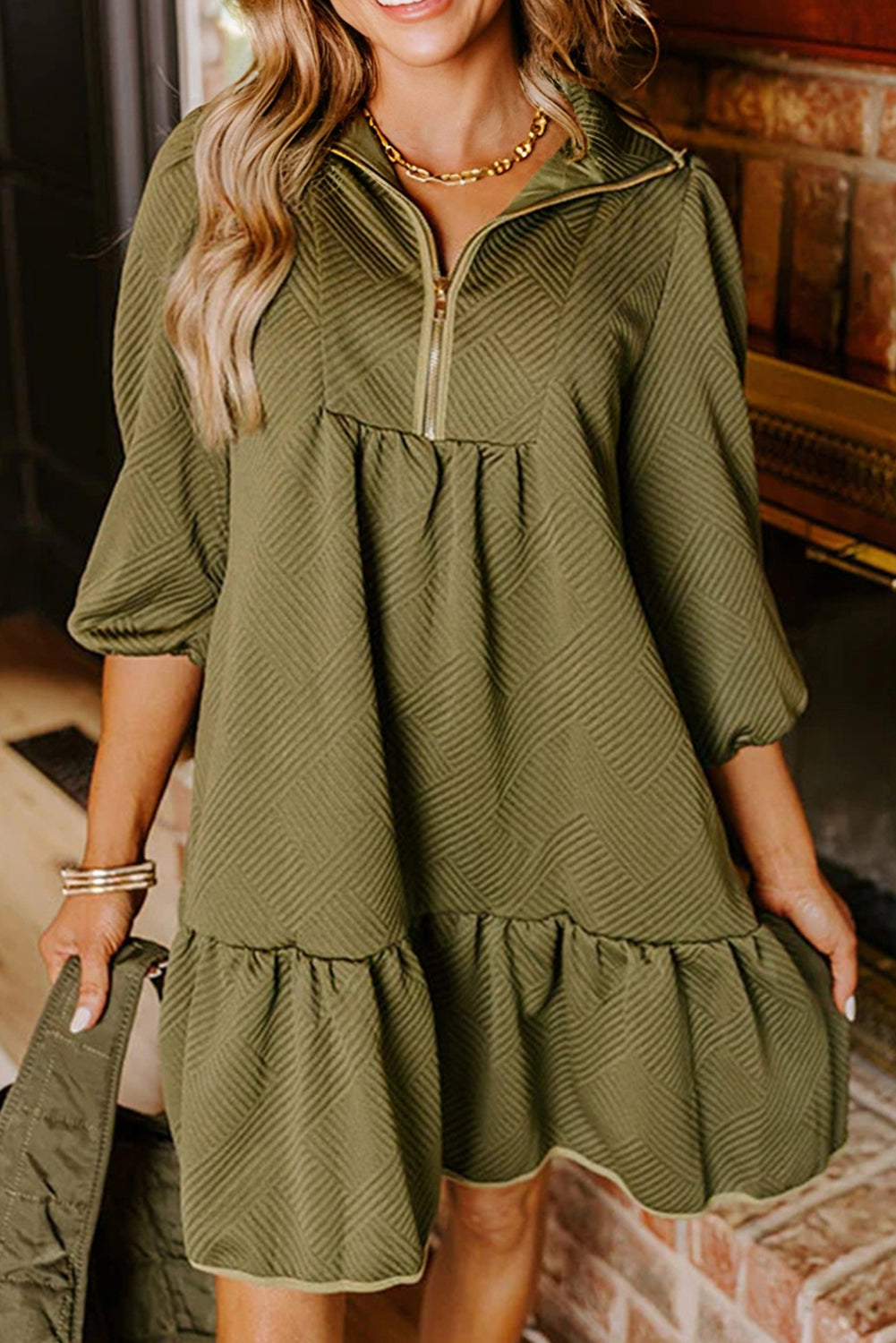 Threaded Pear Danielle Zip Collar Textured Mini Dress