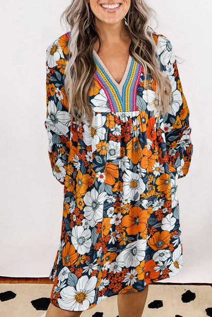 Brookelyn - Orange Floral Print Striped Lace V Neck Long Sleeve Mini Dress