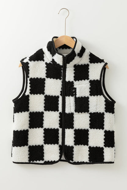 Threaded Pear Mindi Checkered Sherpa Collared Jacket Vest