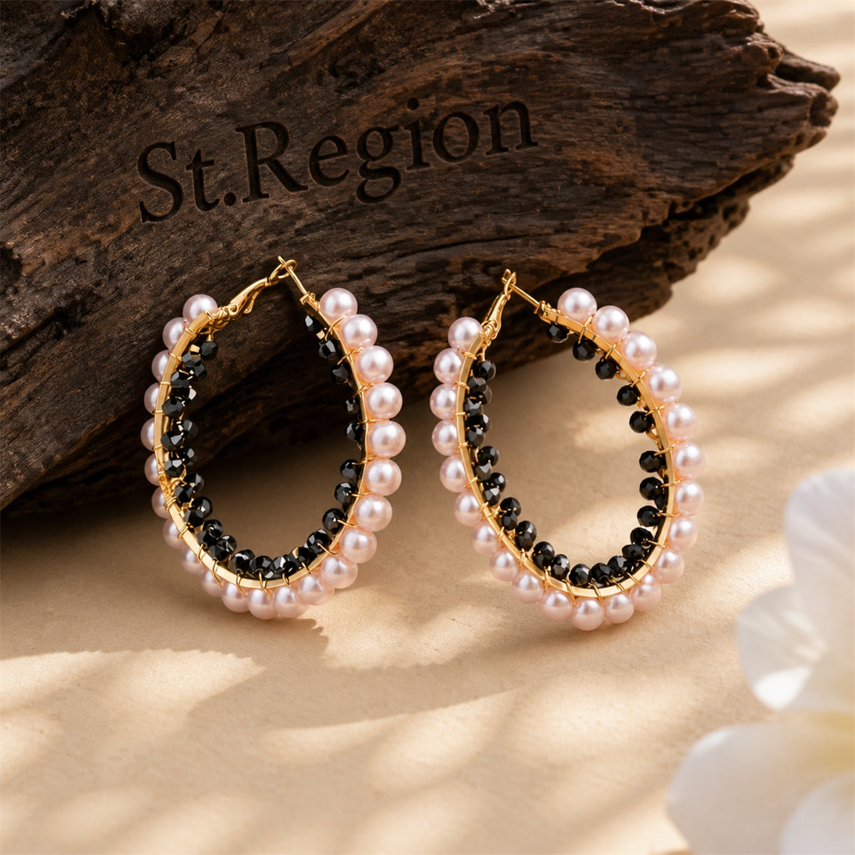 Black Acrylic & Pearl Goldtone Hoop Earrings