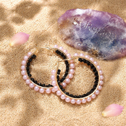 Black Acrylic & Pearl Goldtone Hoop Earrings