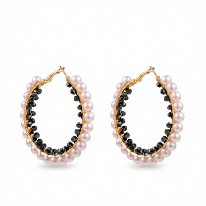 Black Acrylic & Pearl Goldtone Hoop Earrings
