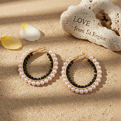Black Acrylic & Pearl Goldtone Hoop Earrings
