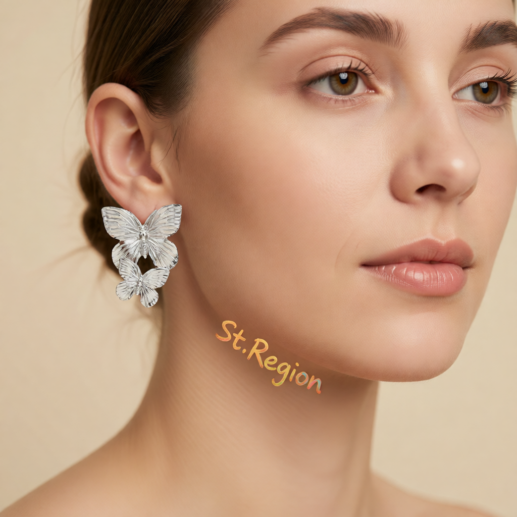 Silvertone Double-Butterfly Dangle Earrings