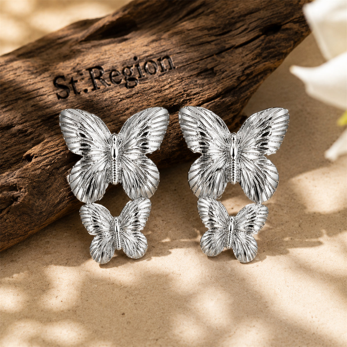 Silvertone Double-Butterfly Dangle Earrings
