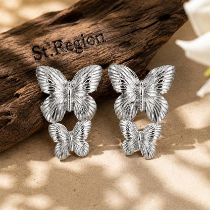 Silvertone Double-Butterfly Dangle Earrings