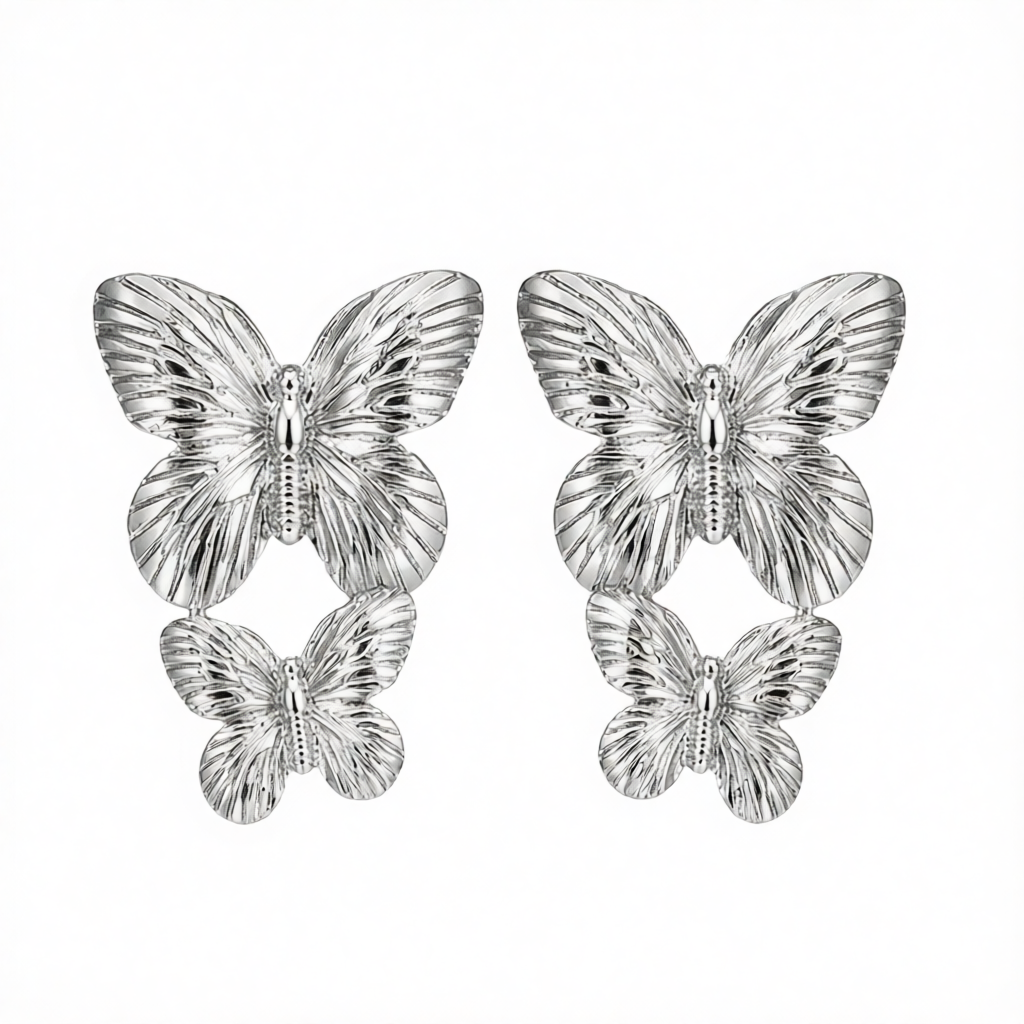 Silvertone Double-Butterfly Dangle Earrings