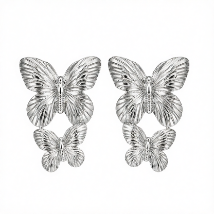 Silvertone Double-Butterfly Dangle Earrings