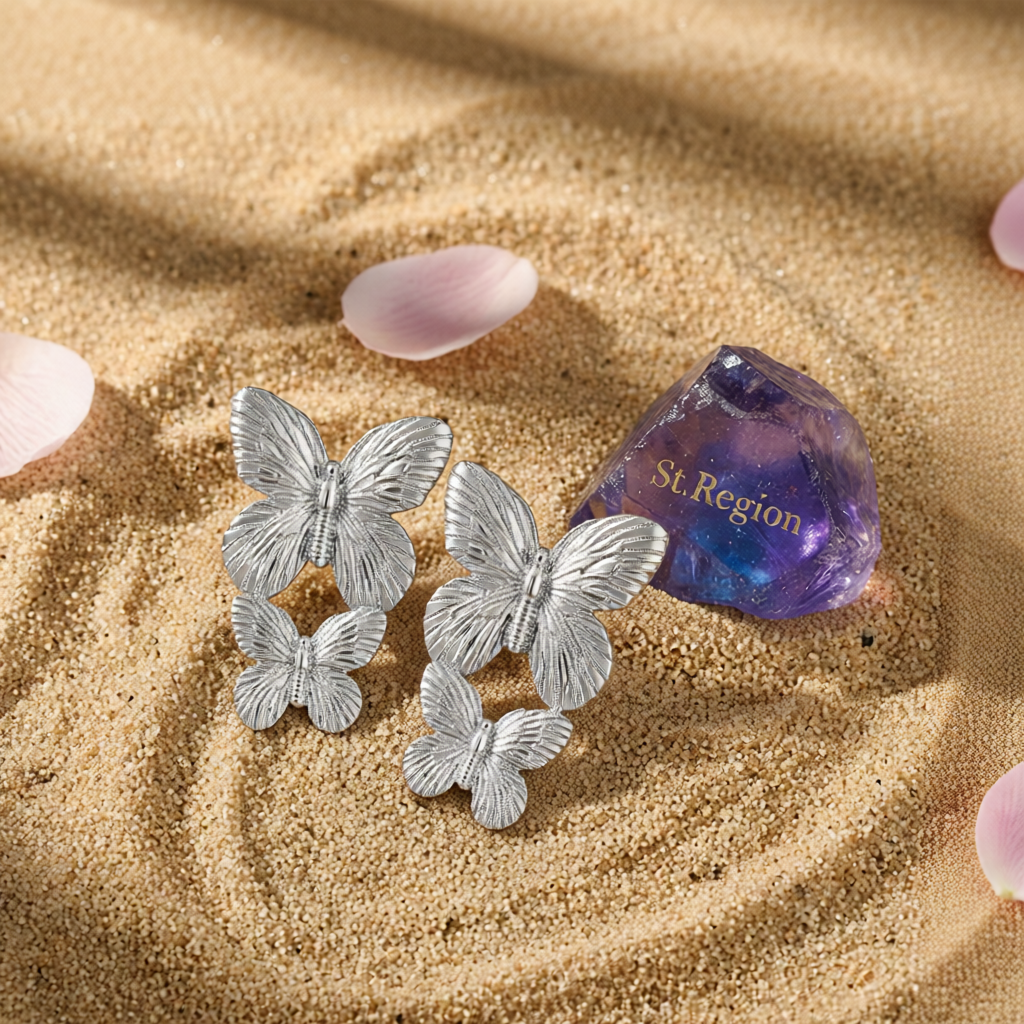 Silvertone Double-Butterfly Dangle Earrings